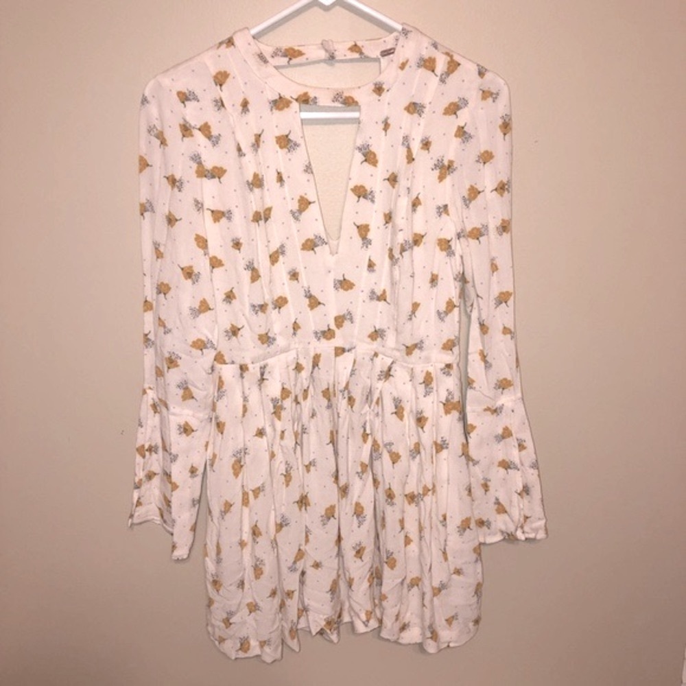 Free People Tegan Ivory Bohemian Keyhole Neck Floral Mini Dress - Picture 2 of 12
